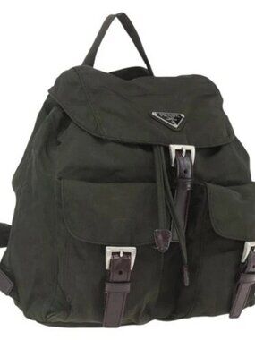 PRADA Backpack Nylon Khaki Silver Auth 164325